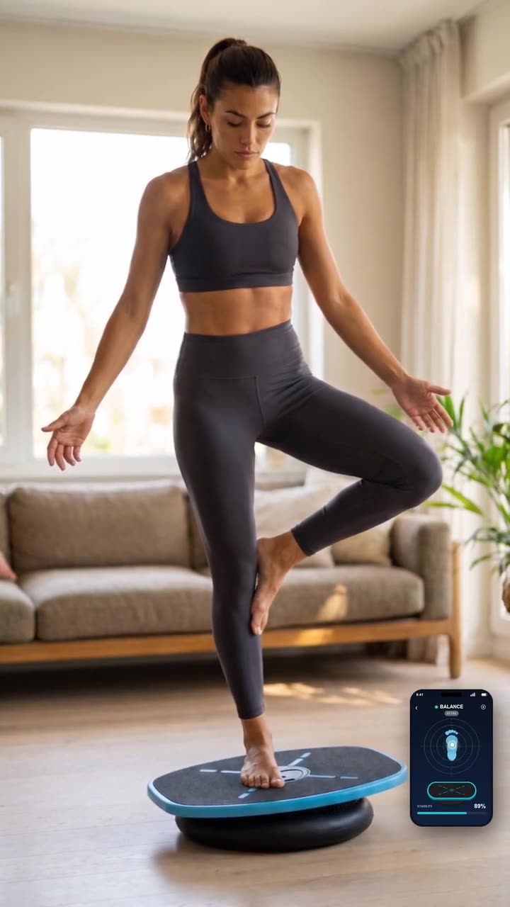Woman balancing on the GoBalance board