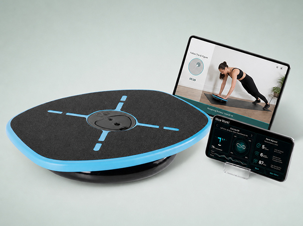 GoBalance Sport board beside the app running on a tablet and a phone